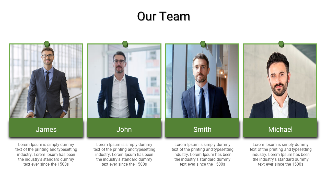 Business team slide featuring four professional men with names James, John, Smith, and Michael, with brief descriptions.