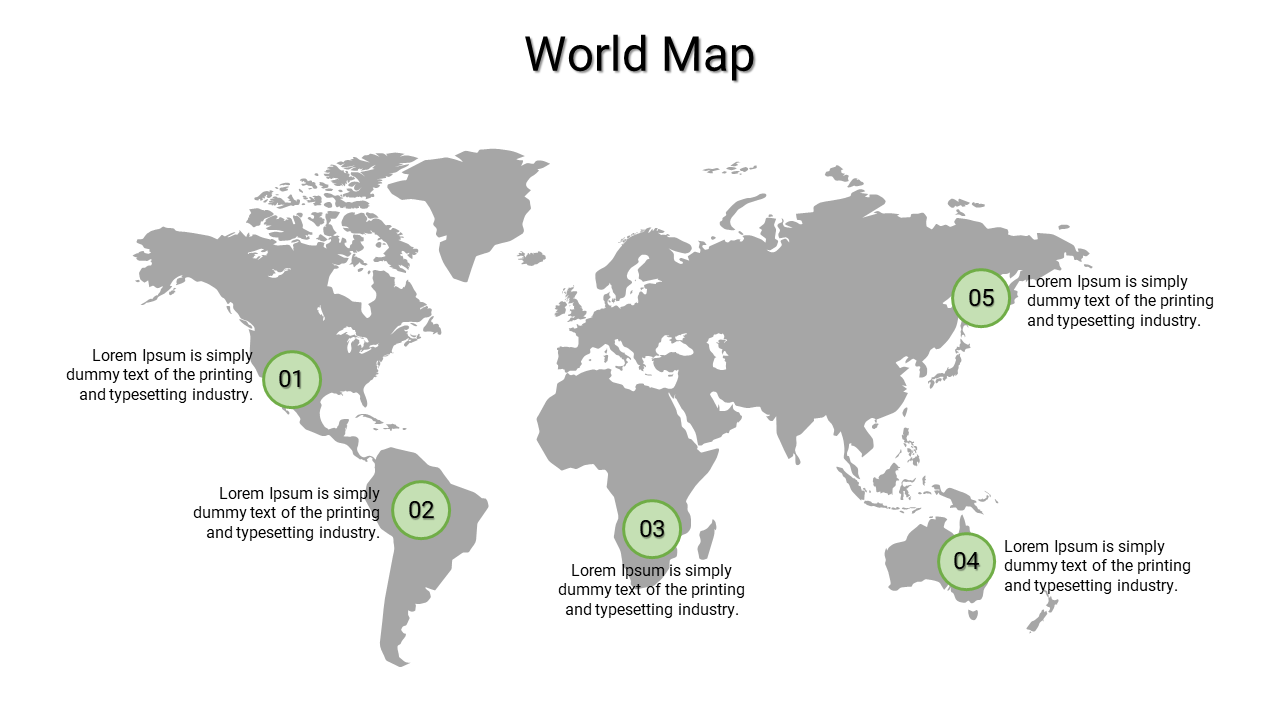 A grey world map highlighting regions with numbered locations, each with placeholder text explaining the locations.