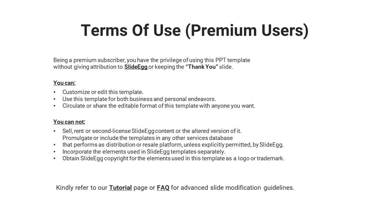 Terms of use for premium SlideEgg users, detailing rights to use and distribute templates on a white backdrop.