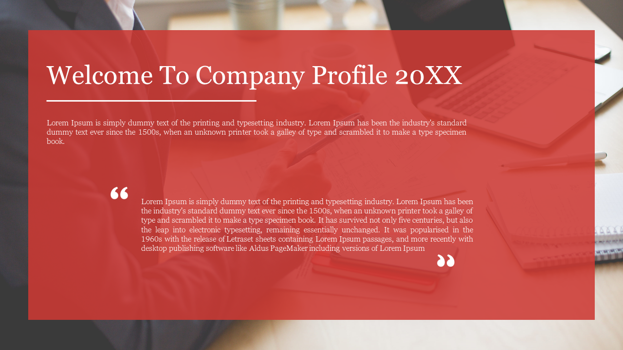 Welcome slide for a company profile presentation with the text and a red background with a quote.