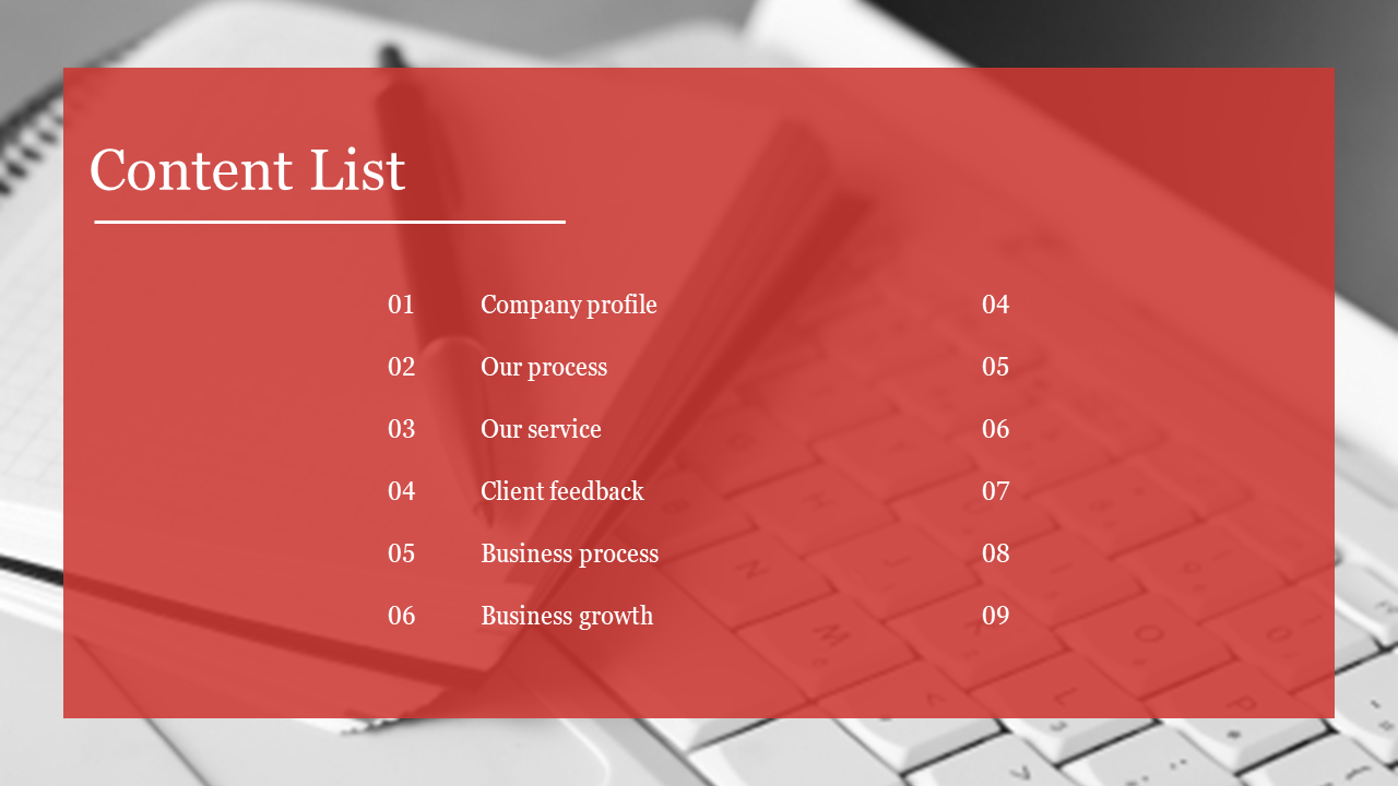 Content list slide featuring topics from company profile to business growth with a red theme on a laptop background.