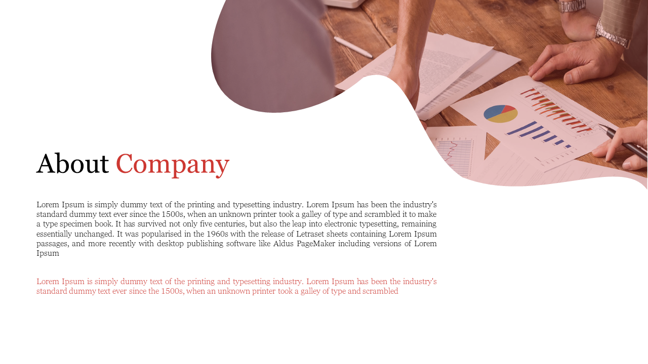 About Company slide with a red theme, including text and a background image of people discussing business charts.