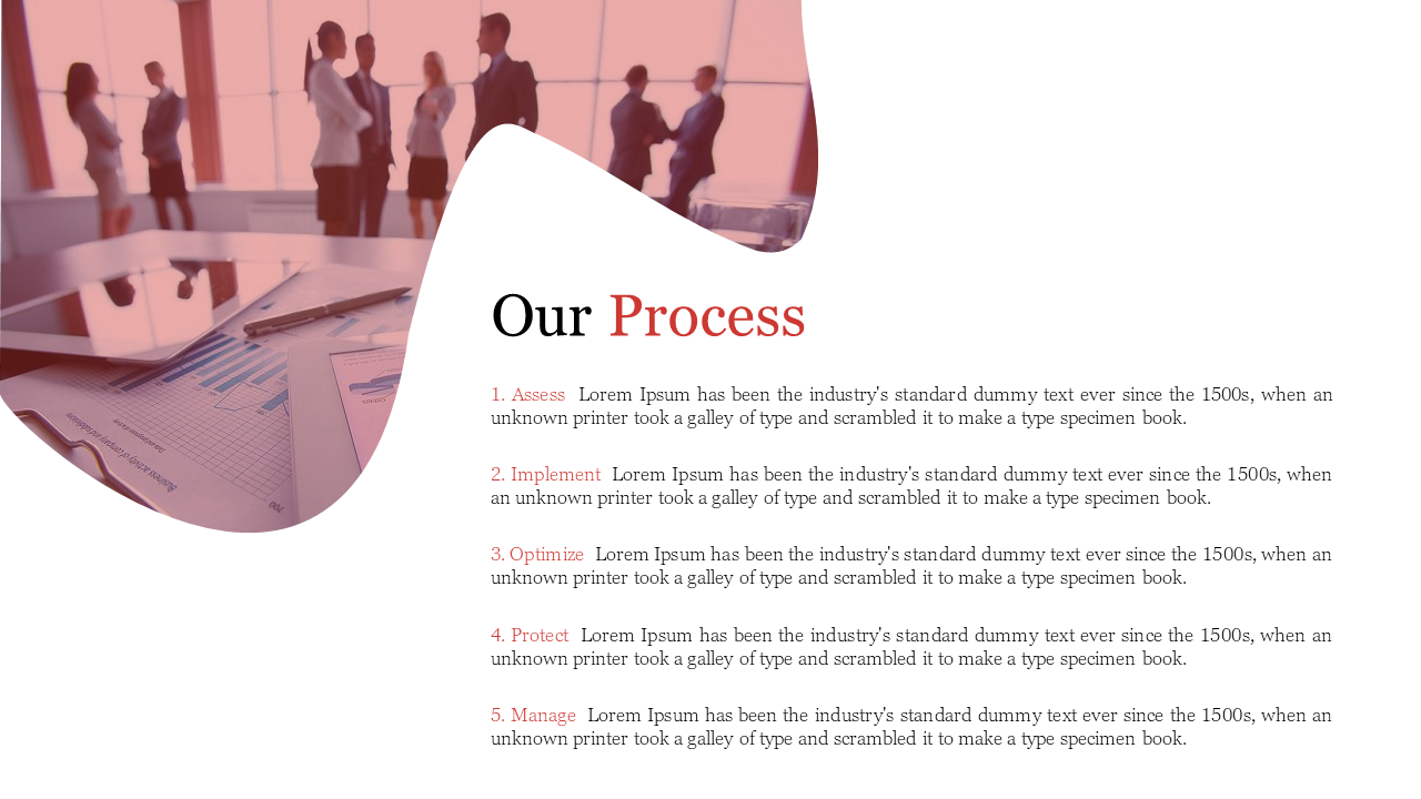 Our Process slide with a red theme, displaying a five step process with text and a background image of a business meeting.