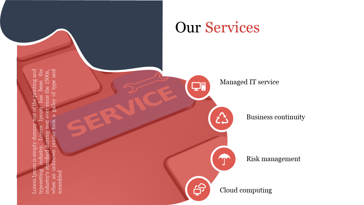 Our Services slide features red icons with a blue service button in the background on a white backdrop.