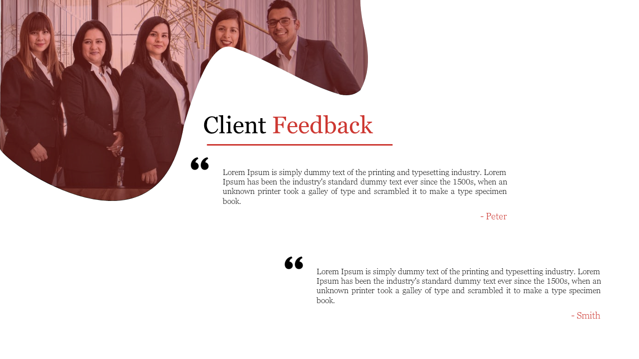 Slide featuring client feedback with quotes from Peter and Smith, along with an image of a group of professionals.