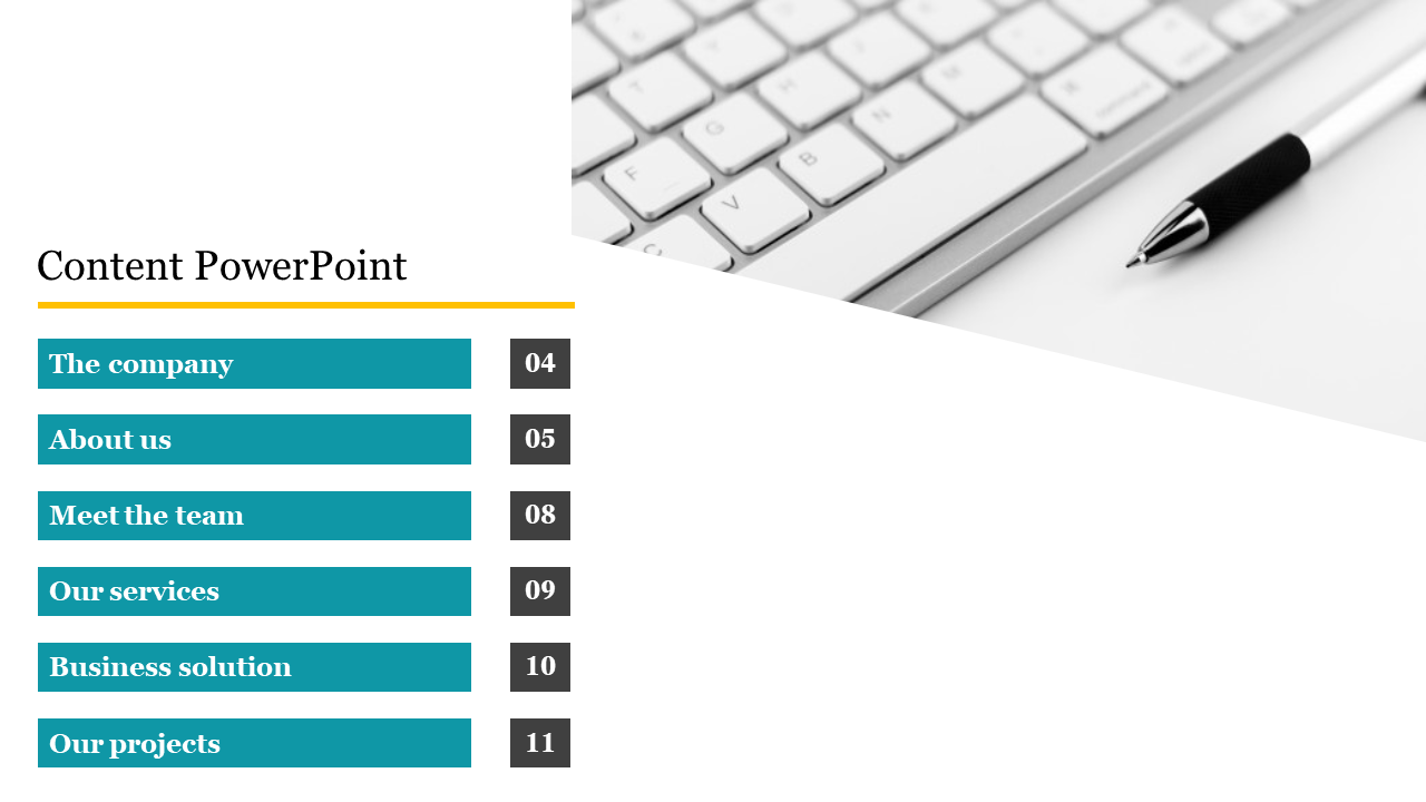 A content slide with a list of PowerPoint sections such as accompanied by a pen and keyboard on a white backdrop.