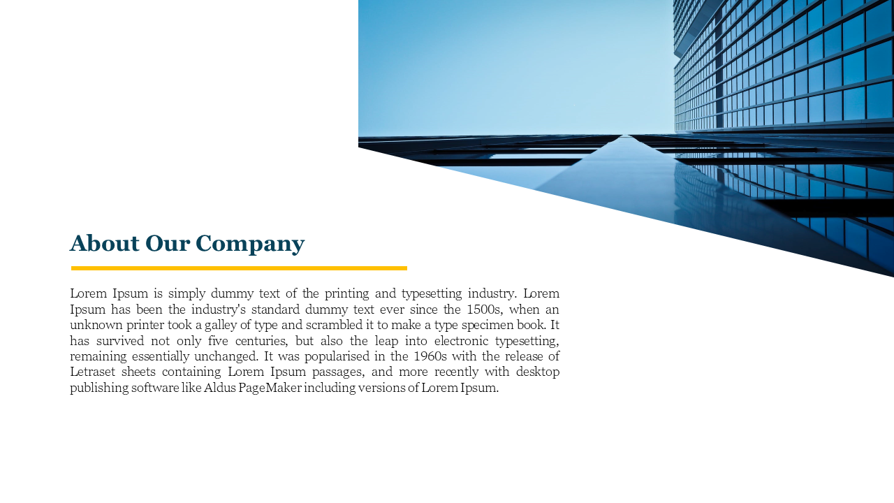 An about our company slide featuring the text of Lorem Ipsum with a modern glass building as the background in white theme.
