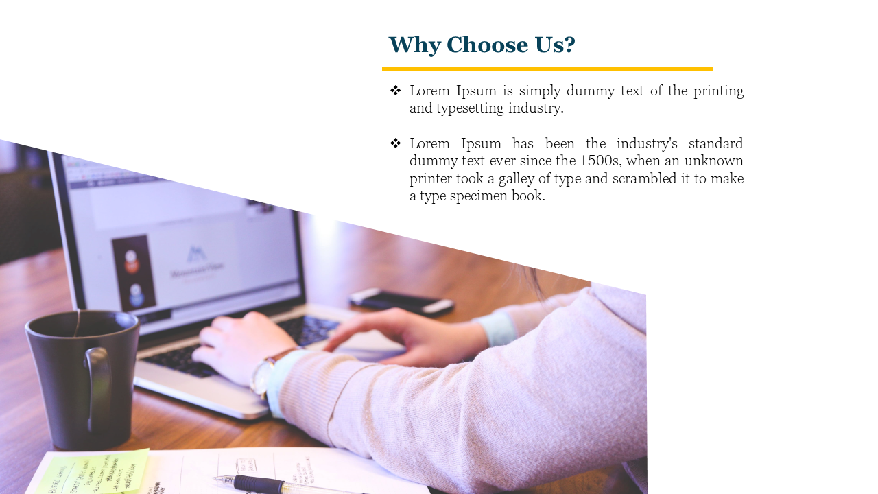 Why Choose Us slide with two bullet points and an image of a person working at a laptop in a workspace in a white theme.