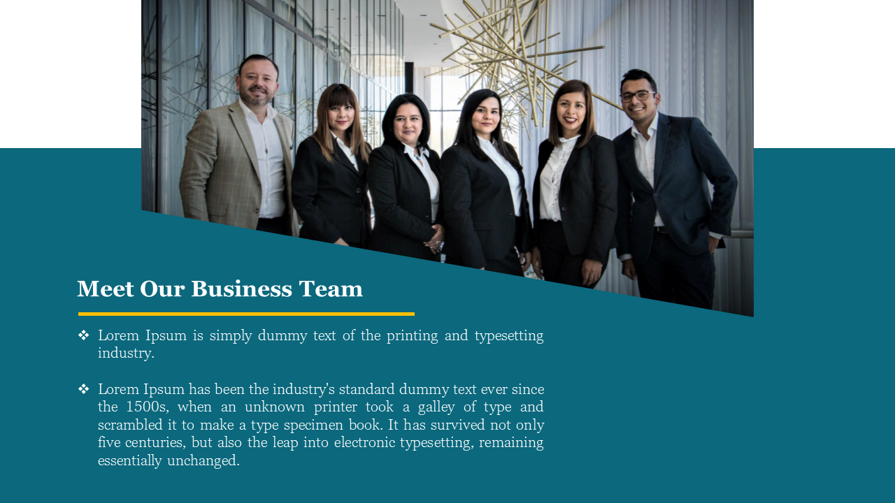 Meet Our Business team and an image of a team of business professionals standing together in the white and teal backdrop.