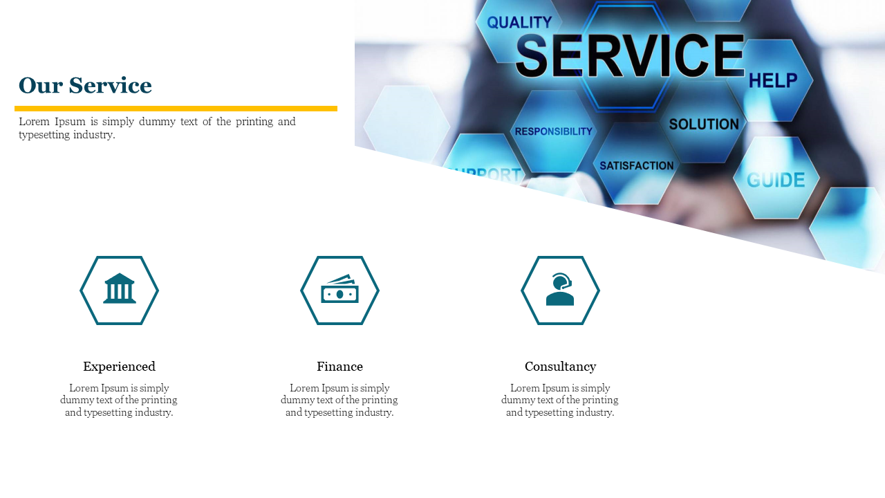 Our Service slide with icons for experienced, finance, and consultancy with descriptions in blue hexagon shapes.
