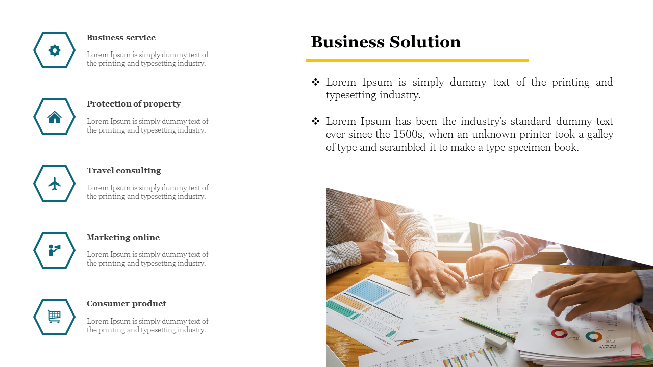 Business solution slide with blue hexagonal icons from business service to consumer product in a white backdrop.