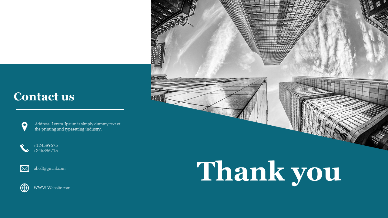 Slide with location, phone numbers, email, and website, alongside a thank you message and a black and white cityscape.
