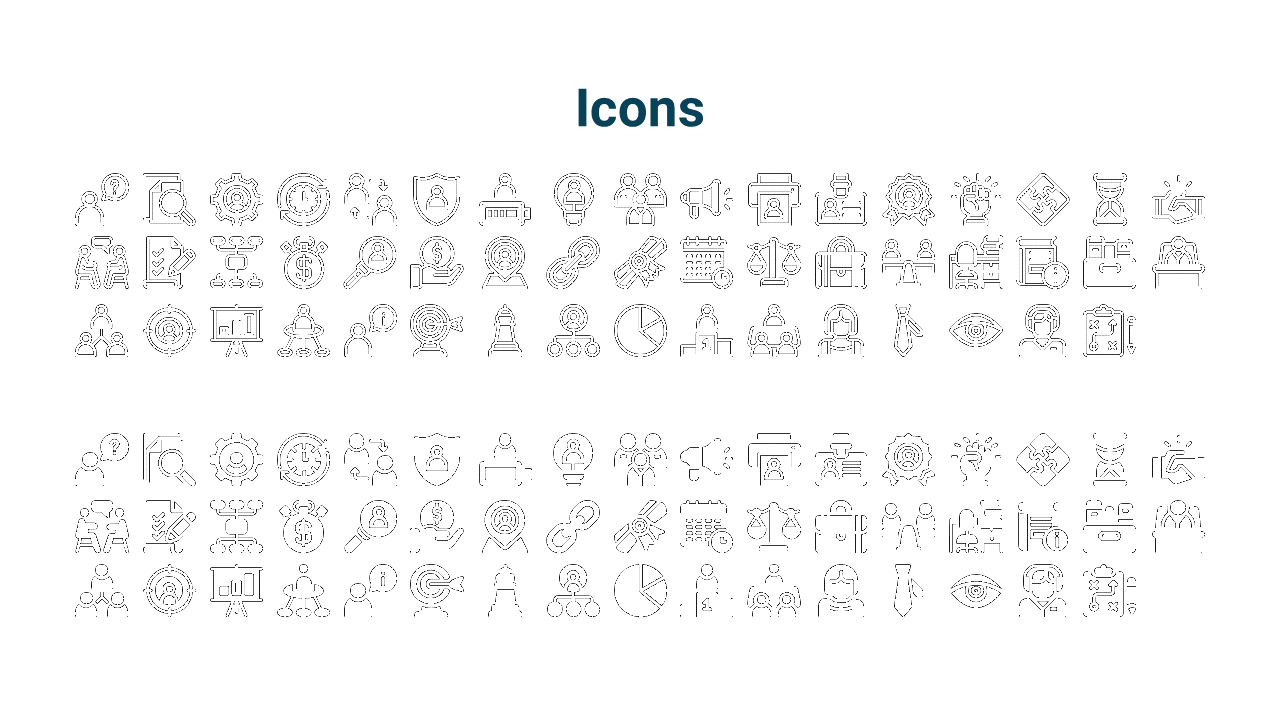 Collection of business related icons including teamwork, analysis, protection, and leadership, organized in two rows.