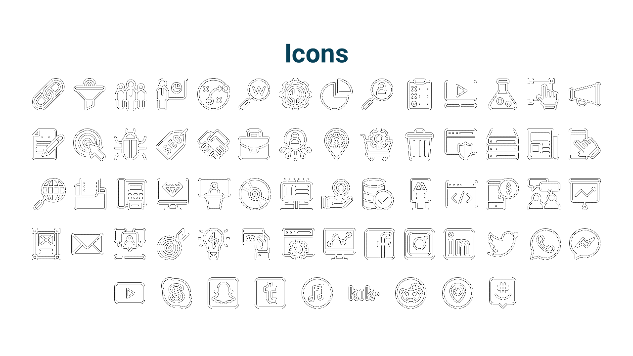 Collection of icons including email, social media, computer, and marketing tools, arranged in a grid format in a white theme.
