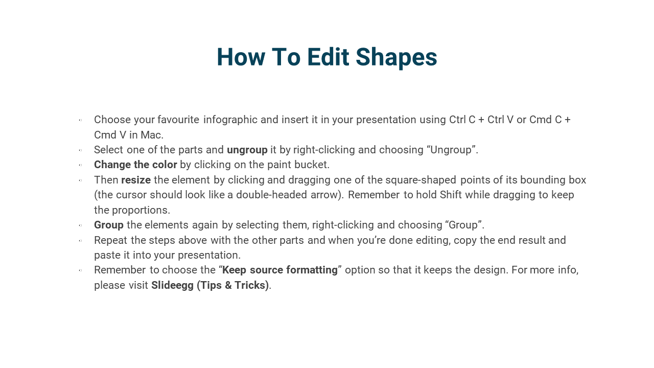 Step by step guide on how to edit shapes in a presentation, with instructions on ungrouping, and grouping in a white theme.