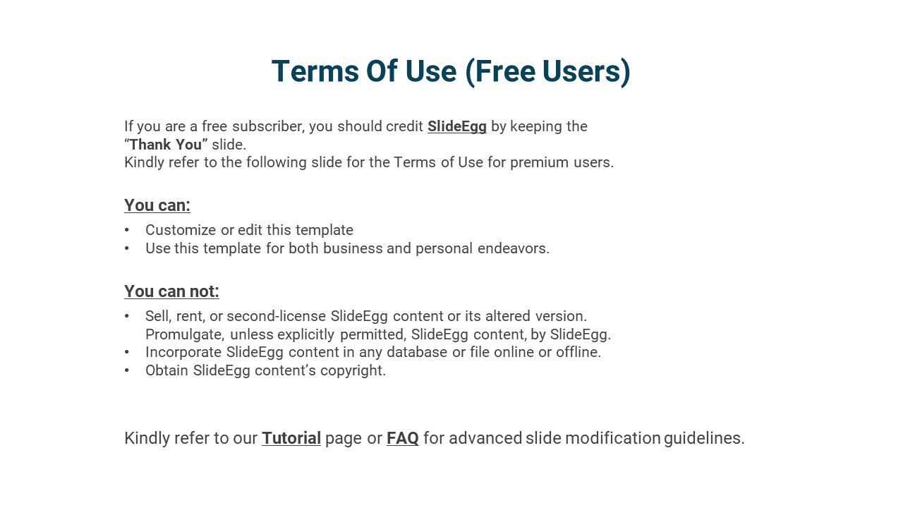 Terms of use for free users with details on customization and restrictions for SlideEgg templates in a white theme.
