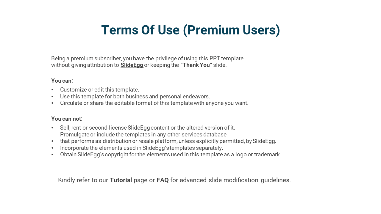 SlideEgg premium users' terms, detailing the ability to edit and share templates without attribution on a white backdrop.