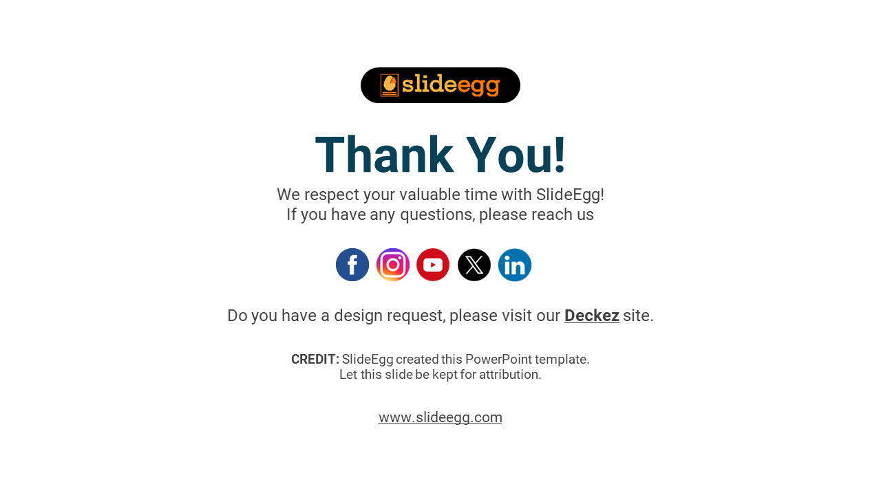 SlideEgg thank you slide with social media icons and a call to action for design requests on DeckeZ on a white backdrop.