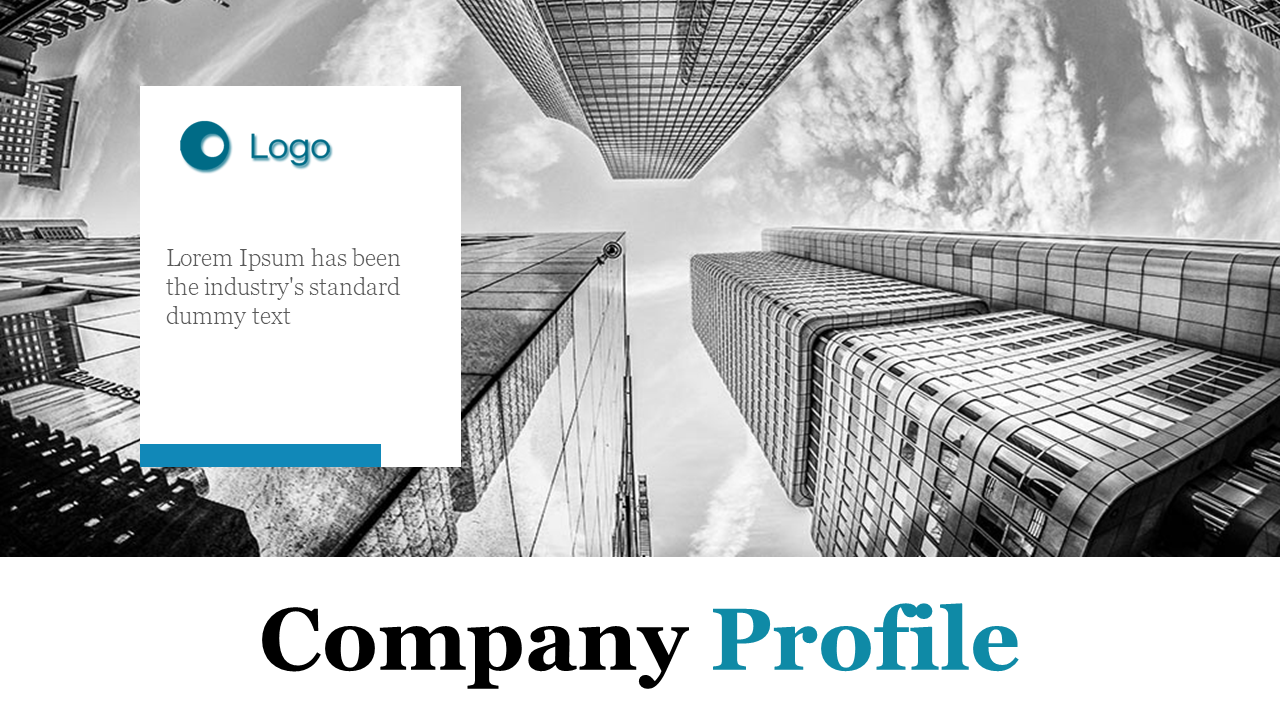 Company profile slide with a logo placeholder and text description on a black and white cityscape background.