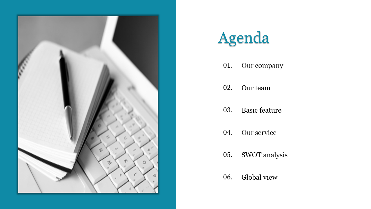 Agenda slide featuring a black and white photo of a notepad with a pen and a laptop keyboard, with agenda topics listed.