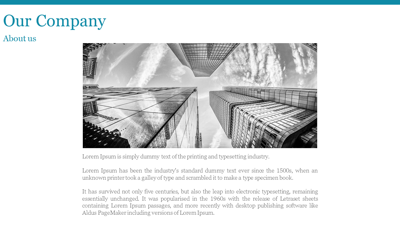 About Us slide showing a modern cityscape with reflective glass buildings and a paragraph on Lorem Ipsum's origins.