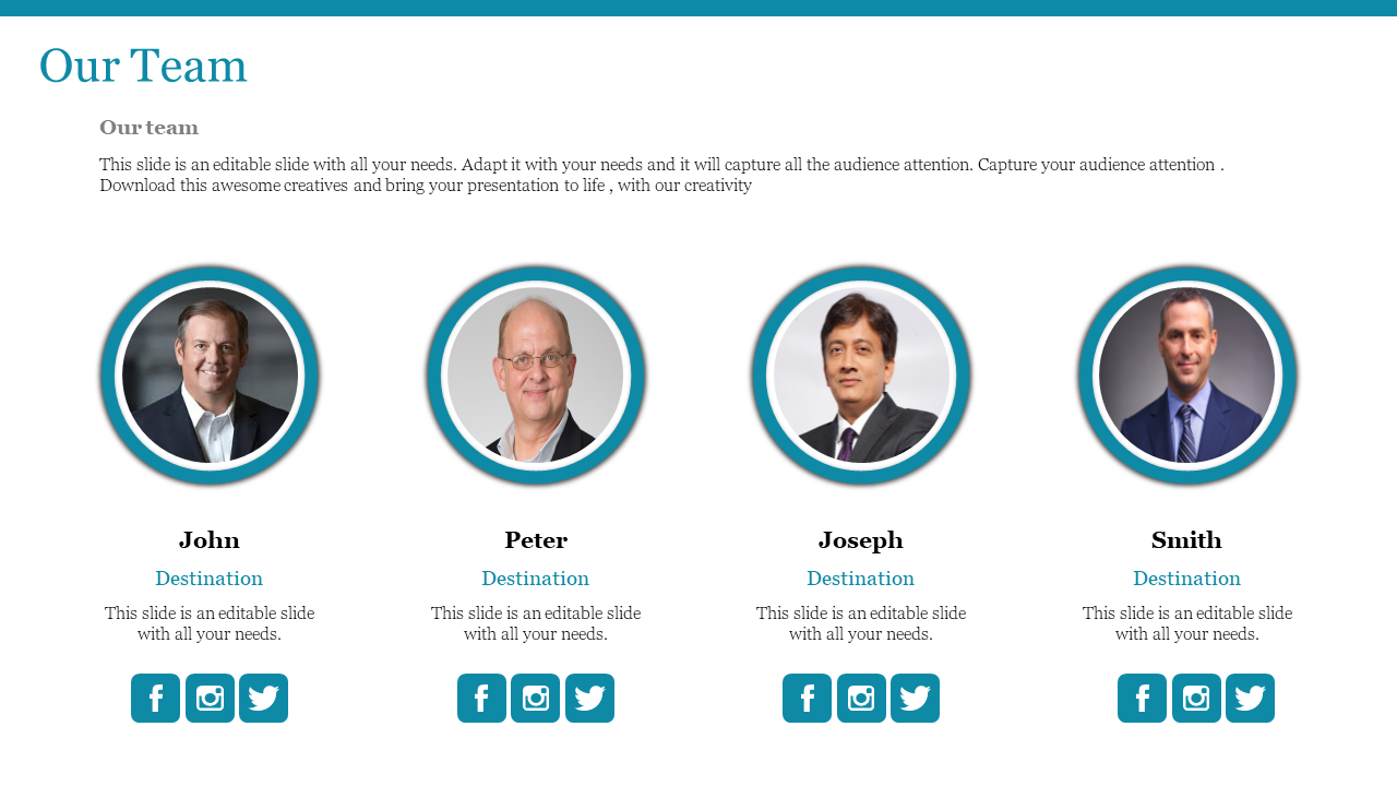 Team slide featuring four professionals with circular images, each having a social media icon set and with destination role.