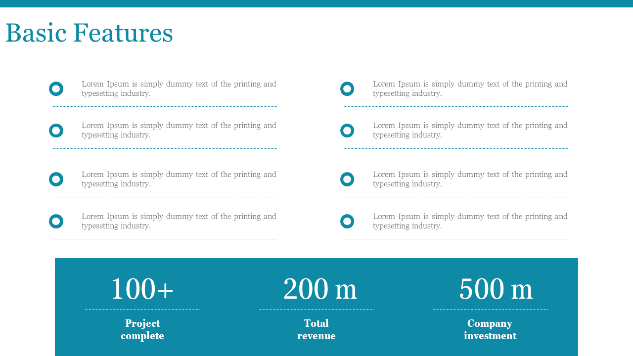 Basic features slide displays eight bullet points with icons, followed by three statistics on a blue and white backdrop.