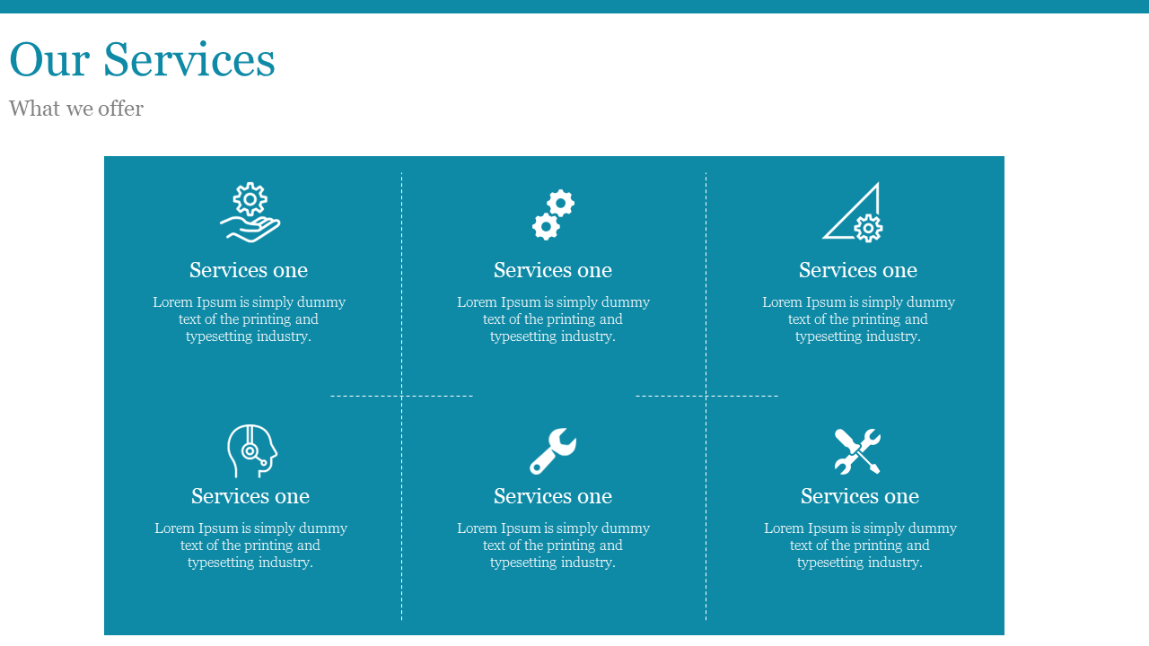 Our Services slide showcases six service categories, each with an icon and brief description on a blue and white backdrop.