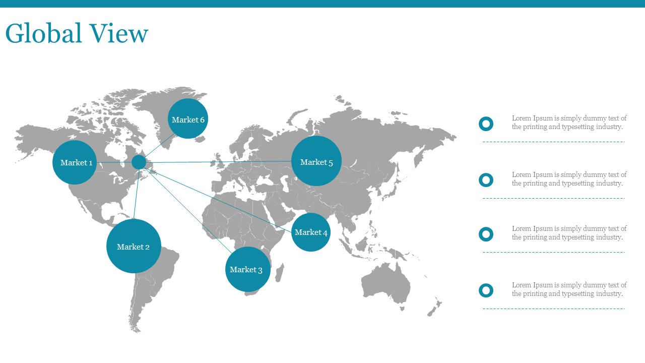 Global view grey map with six markets highlighted and connected by lines, showing market locations in different regions.