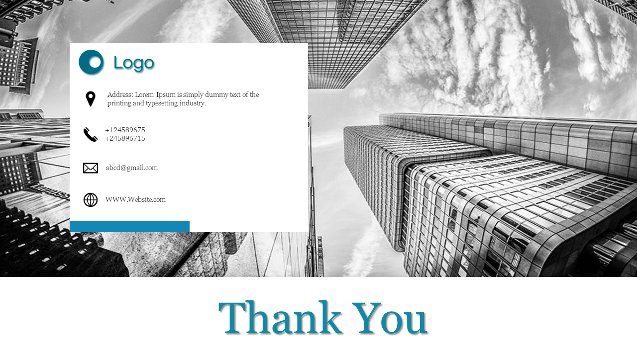 A thank you slide with a logo, contact information, and address, over a background of black and white skyscrapers.
