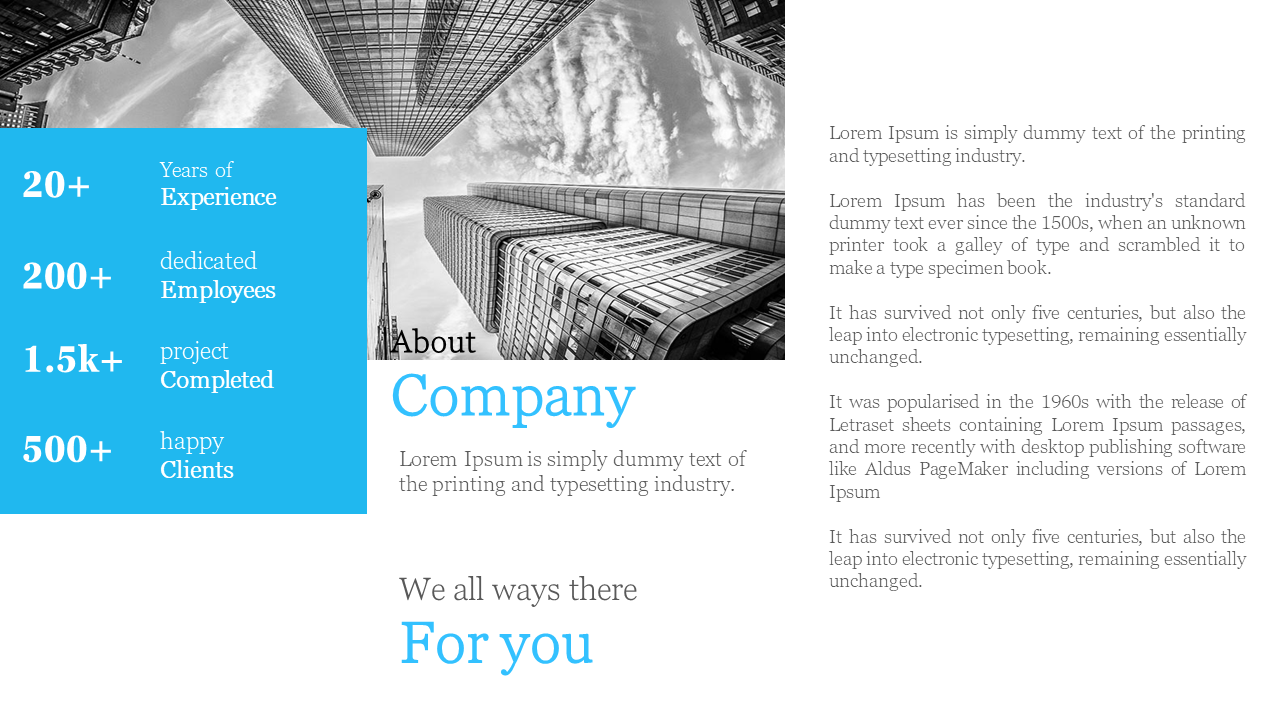 Company profile slide with years of experience, employees, projects completed, and happy clients with cityscape background.