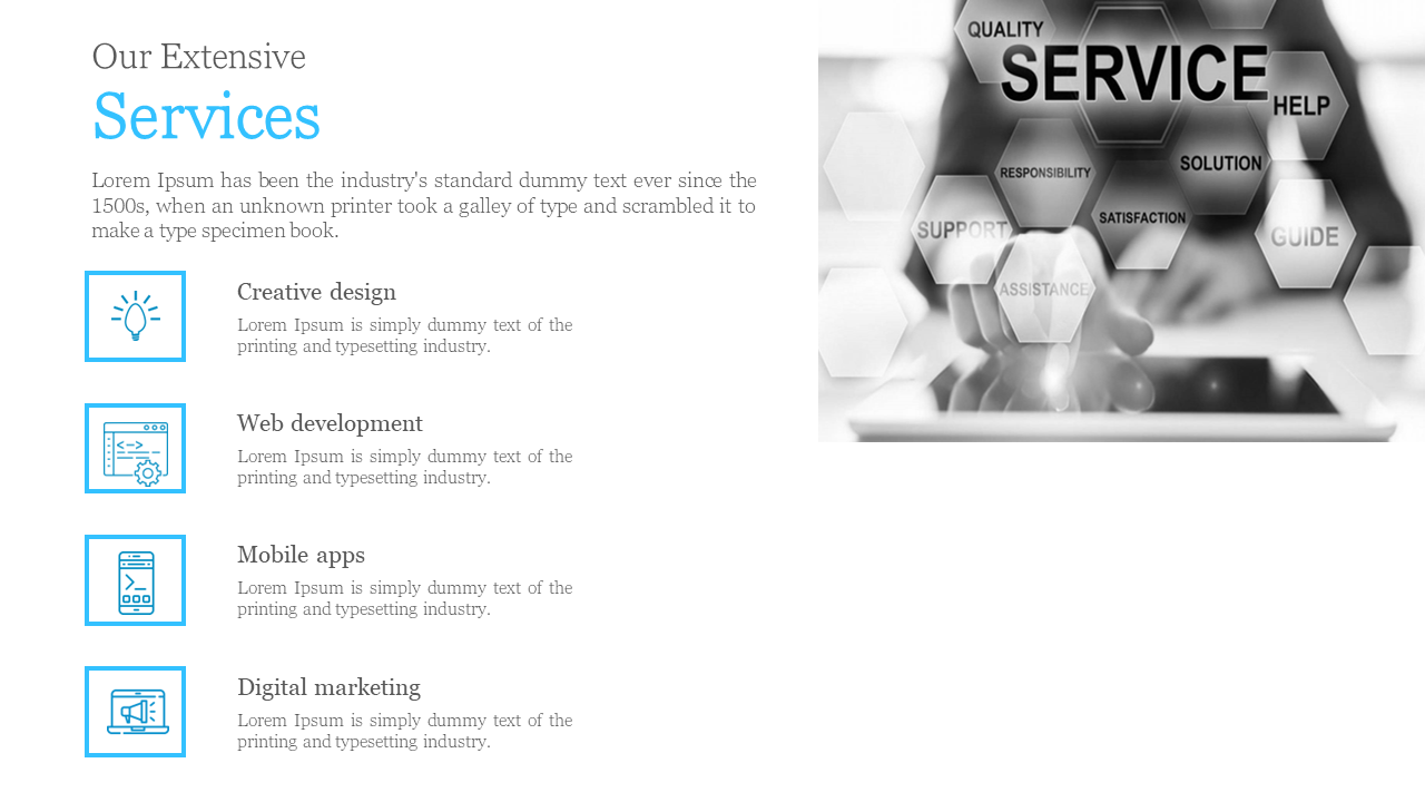 Services overview slide featuring blue icons for creative design, web development, mobile apps, and digital marketing.