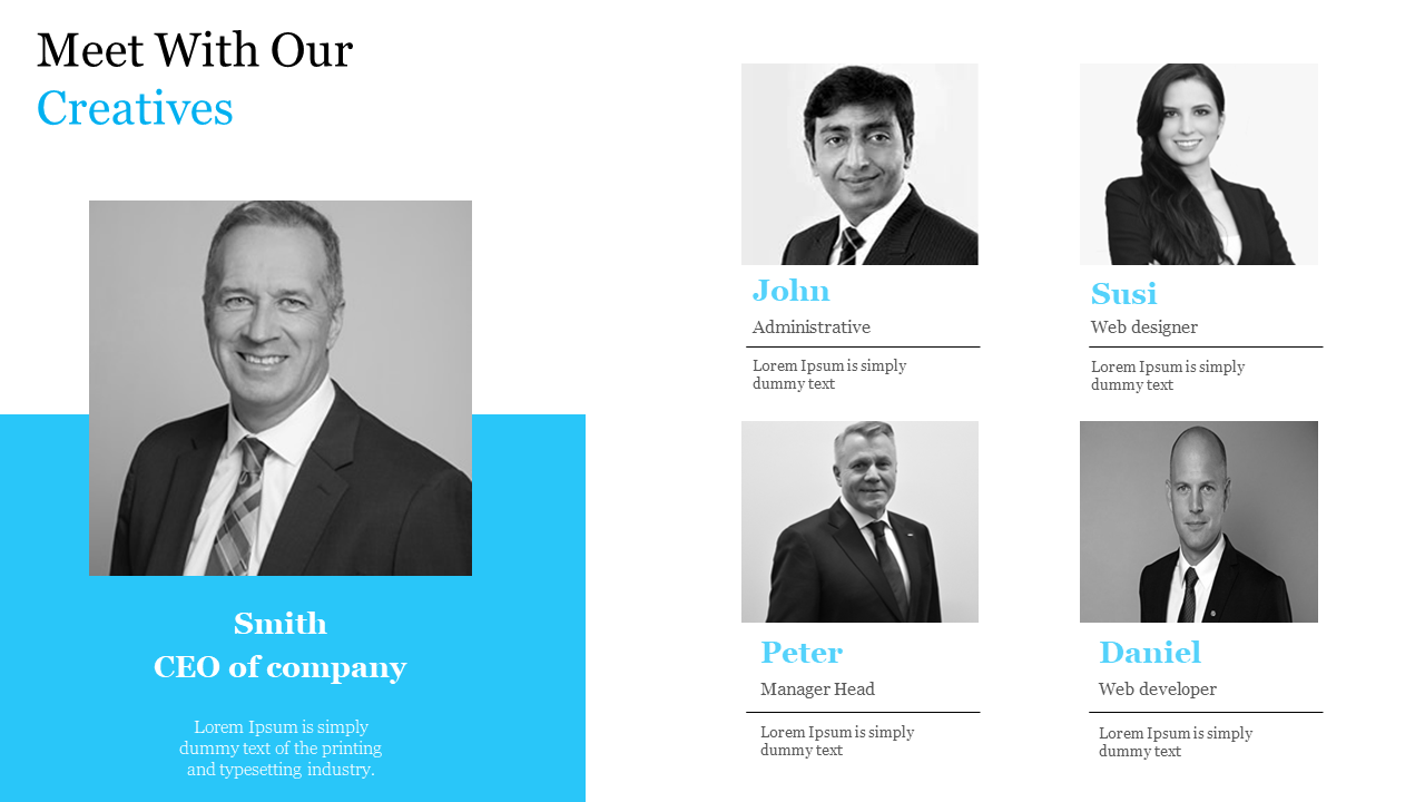 Meet the team slide featuring the CEO, administrative, design, and development team members with their roles in white theme.