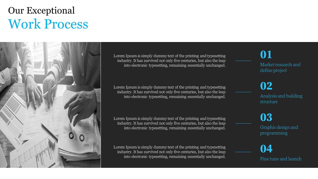 Step by step work process for a project, including market research, analysis, design, and final adjustments in dark theme.