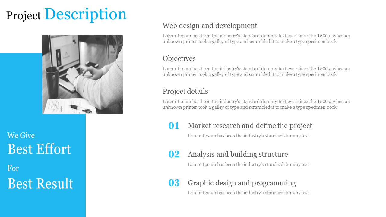 A slide showing a project description for web design and development, with text descriptions on a white and blue theme.