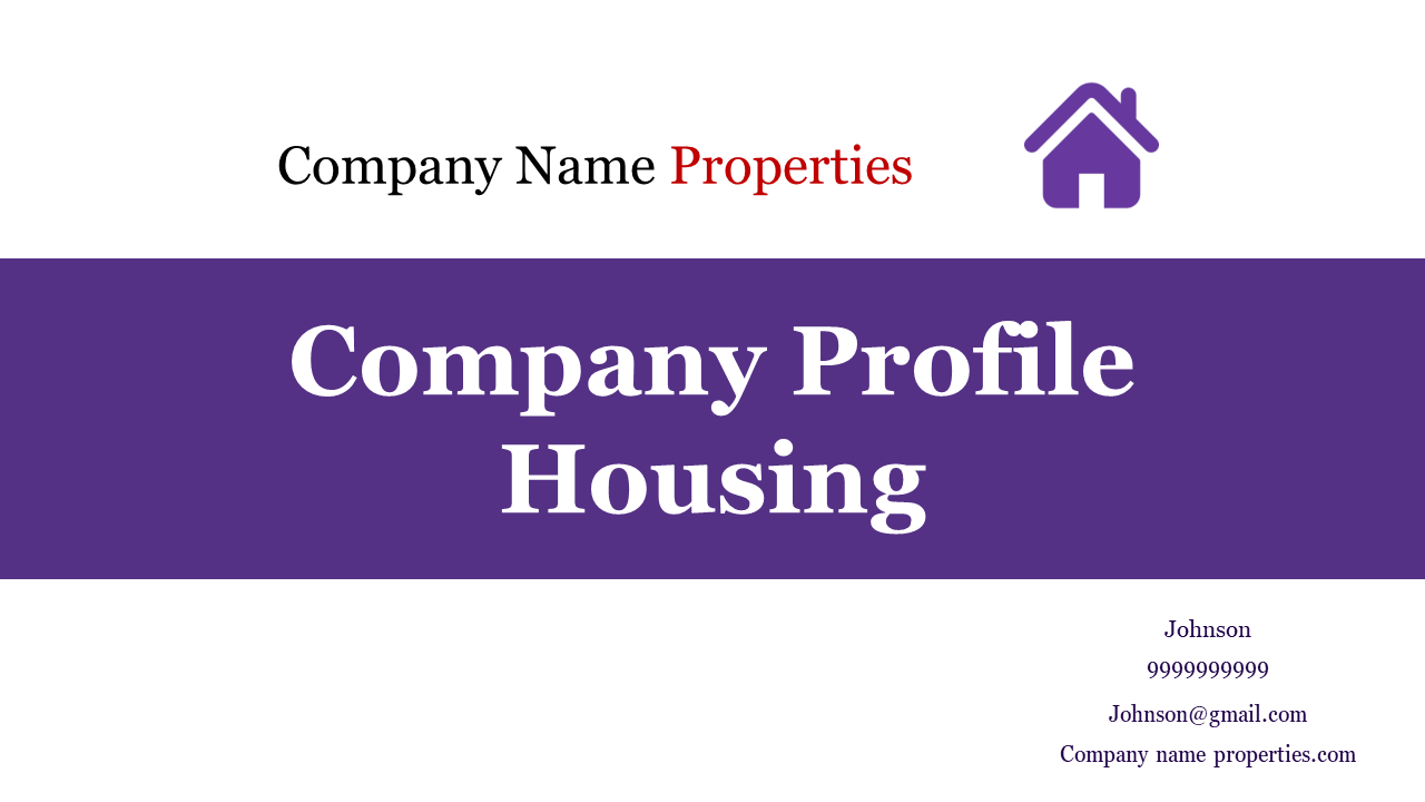 A company profile slide with housing related details, contact info, and a home icon on a white and purple backdrop.