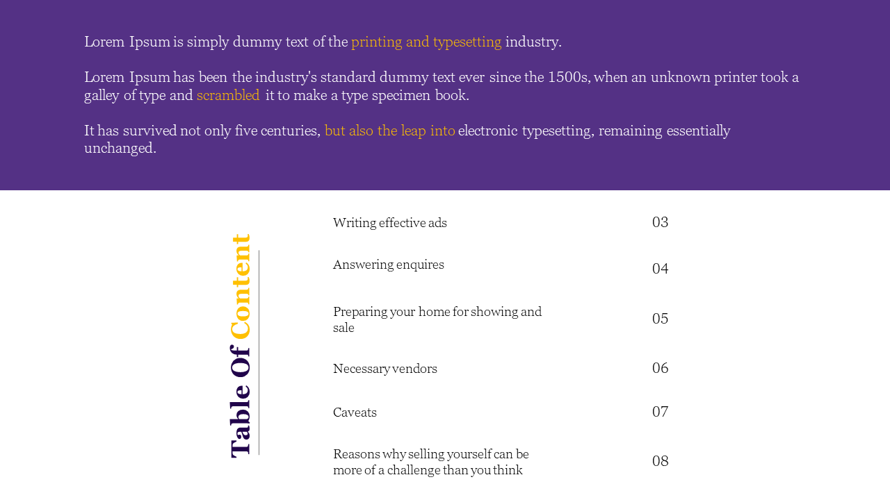 Company profile slide showing a list of topics for real estate business on a white and purple backdrop.