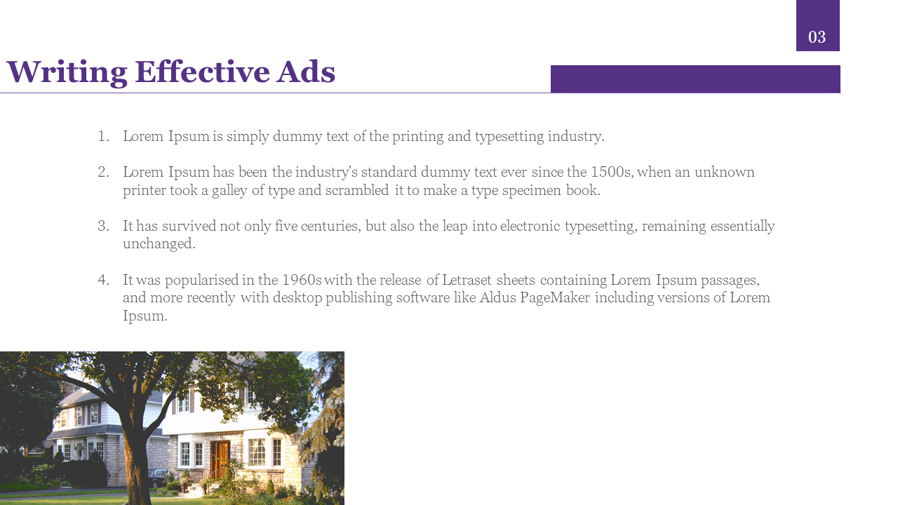 Writing Effective Ads slide with four points and placeholder text on a white backdrop.