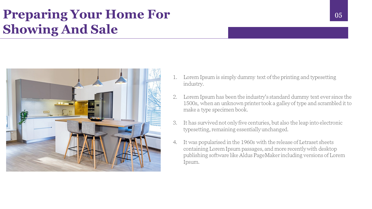 A slide on preparing your home for showing and sale, with an image of a modern kitchen and four points in a white backdrop.