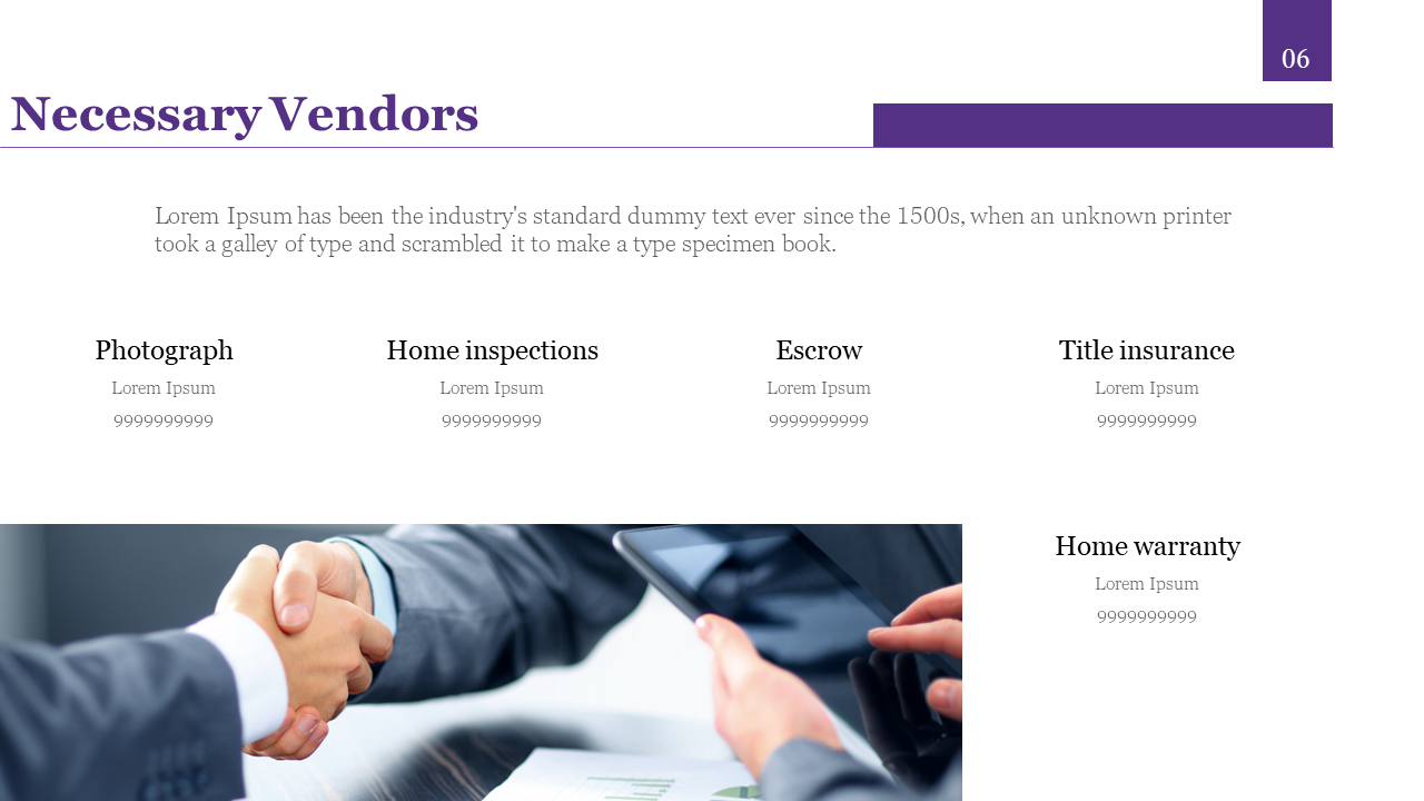 A slide on necessary vendors for real estate, with categories displayed alongside contact information with a handshake pic.