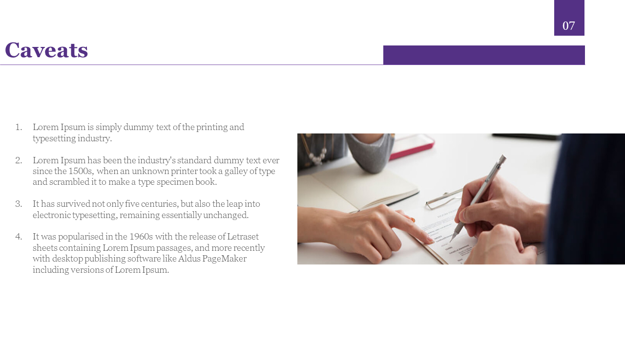 Slide on caveats in the context of typesetting, with a background image of two individuals one holding a pen in white theme.