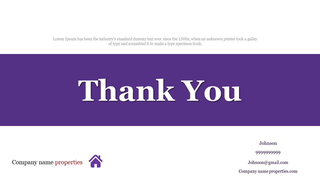 Thank You slide with company name, contact details, and a purple background, featuring a real estate company logo.