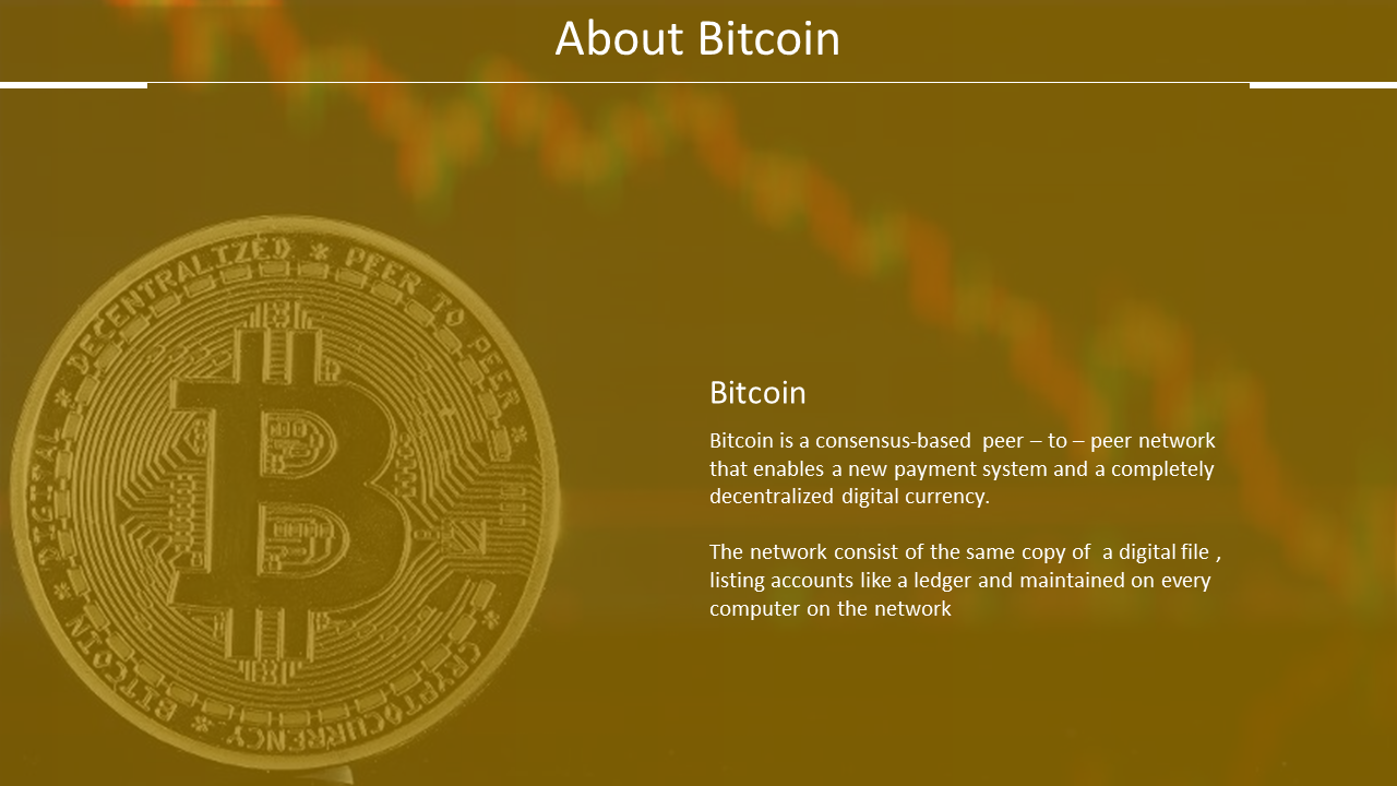 Slide with information on Bitcoin as a peer to peer network, featuring a Bitcoin image in the background in a golden theme.