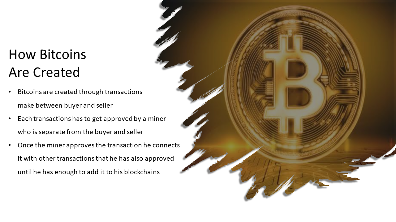 Slide explaining how bitcoins are created through transactions, with a Bitcoin coin graphic in a white theme.