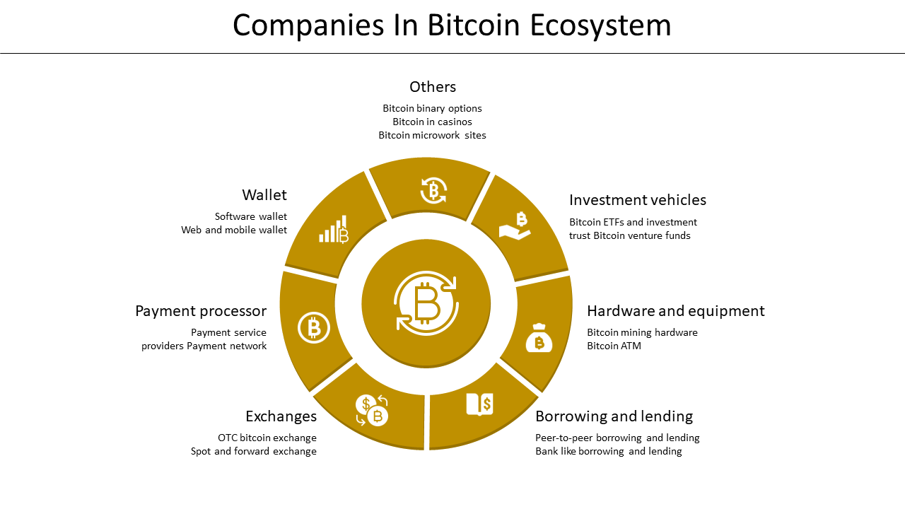 A slide showing different sectors of the Bitcoin ecosystem in a yellow circular diagram with icons on a white backdrop.