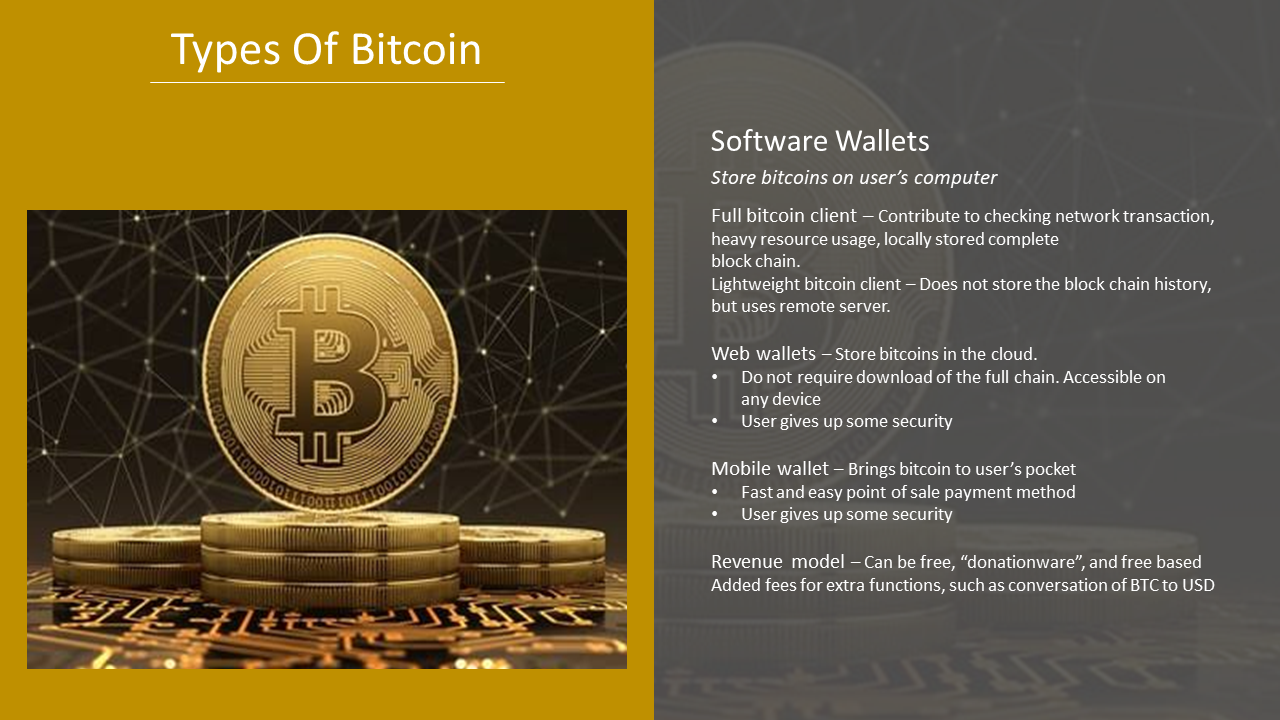 Slide detailing types of Bitcoin wallets, including software, full Bitcoin clients, and mobile wallets.