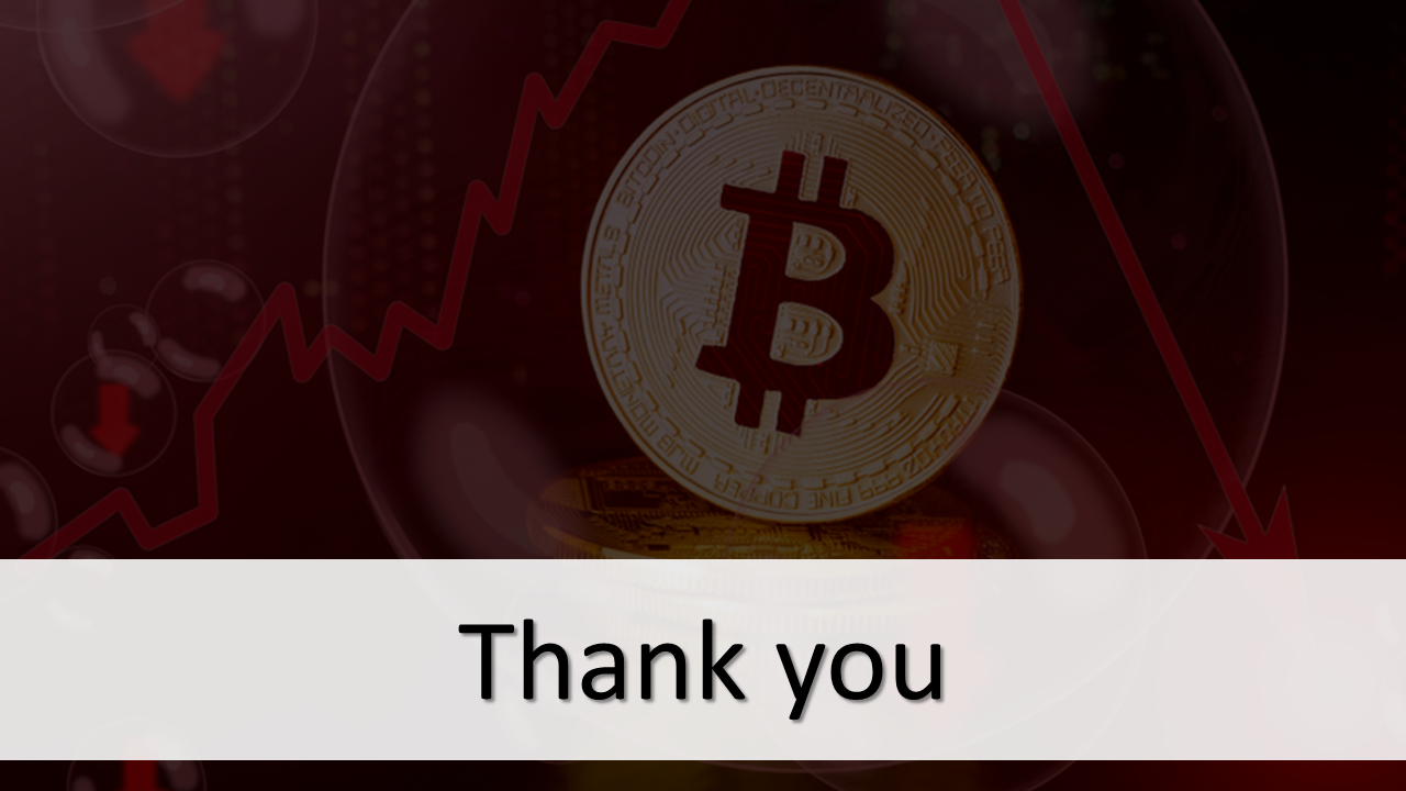 A Bitcoin symbol with a downward red arrow, indicating a decline, and the text thank you displayed at the bottom.