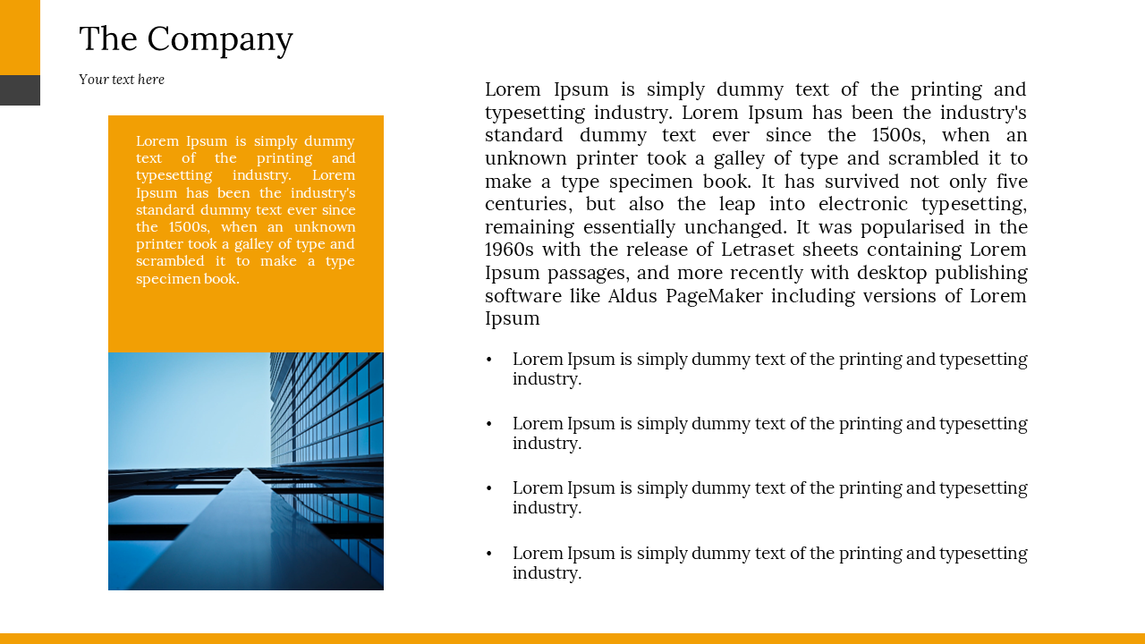 Company profile slide featuring a modern office building image and placeholder text about the company in a white theme.