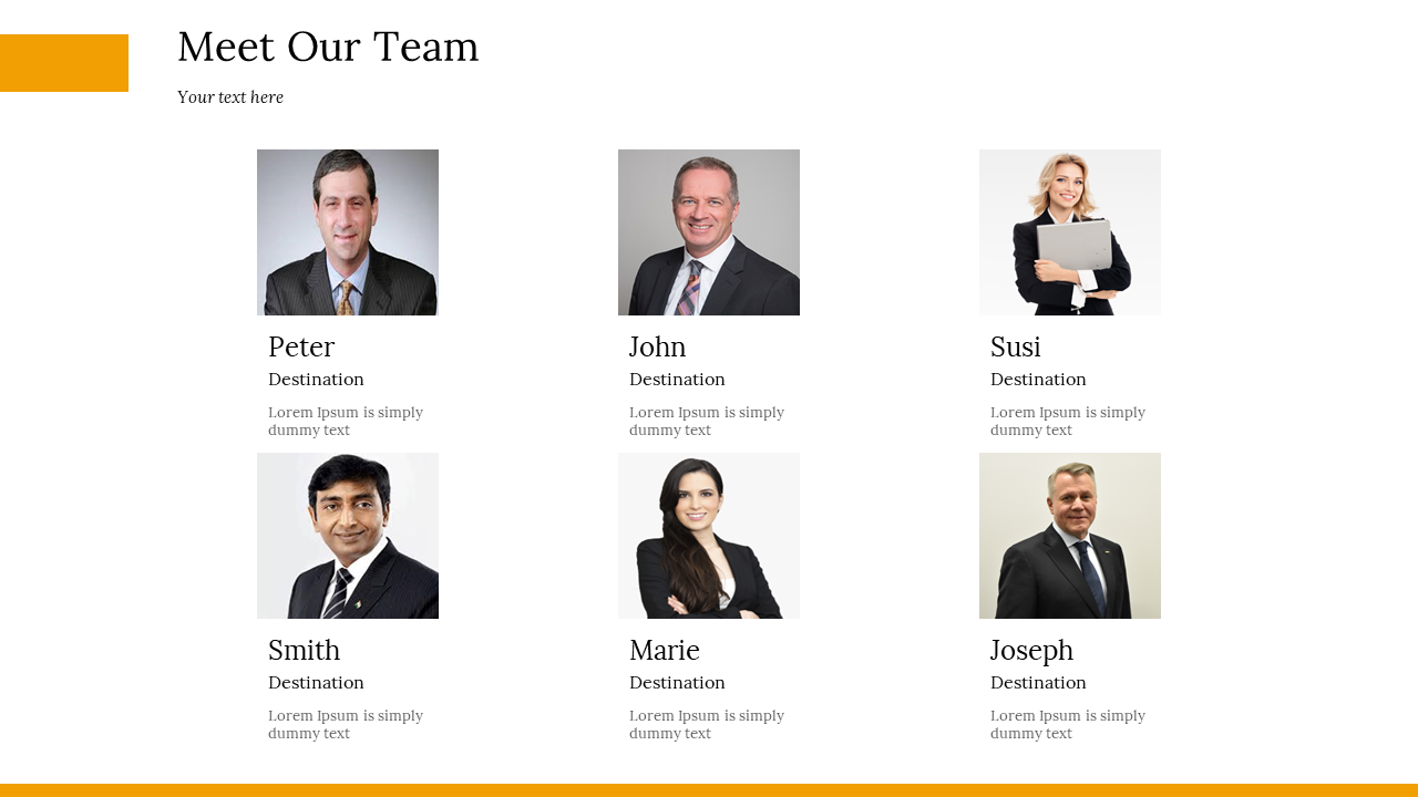 Team introduction slide featuring six individuals with their respective roles and placeholder text on a white backdrop.