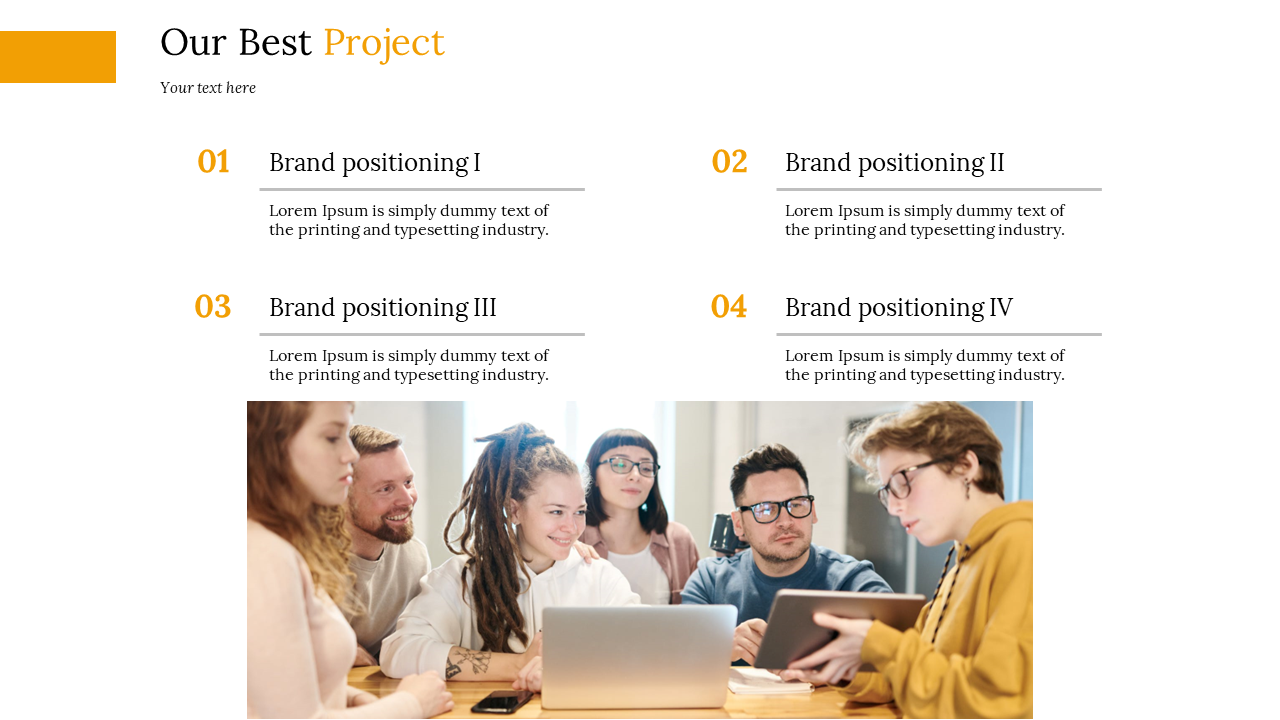 Project overview slide featuring four brand positioning steps accompanied by an image of a team working together at a desk.